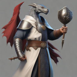 A realistic depiction of a cleric holding a mace in one hand and a shield with a dragon emblem in the other