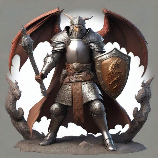 A realistic depiction of a cleric holding a mace in one hand and a shield with a dragon engraved on it in the other