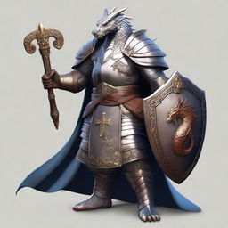 A realistic depiction of a cleric holding a mace in one hand and a shield with a dragon engraved on it in the other