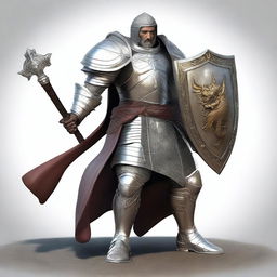 A realistic depiction of a man who is a cleric wearing silver armor and carrying a mace