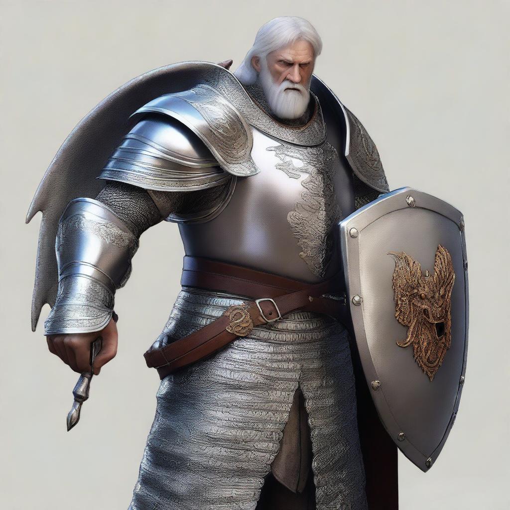 A realistic depiction of a man who is a cleric wearing silver armor and carrying a mace