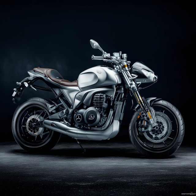 This is a description of a hypothetical Mercedes-Benz motorbike, featuring the brand's sophisticated design, high-speed performance, and premium materials