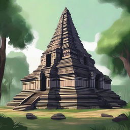 A detailed illustration of the ancient temple complex of Koh Ker in Cambodia, showcasing its majestic pyramidal structure surrounded by lush greenery and historical ruins