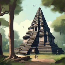 A detailed illustration of the ancient temple complex of Koh Ker in Cambodia, showcasing its majestic pyramidal structure surrounded by lush greenery and historical ruins