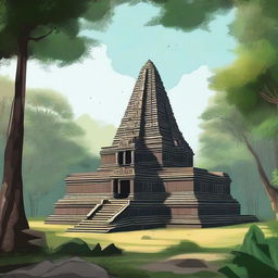 A detailed illustration of the ancient temple complex of Koh Ker in Cambodia, showcasing its majestic pyramidal structure surrounded by lush greenery and historical ruins