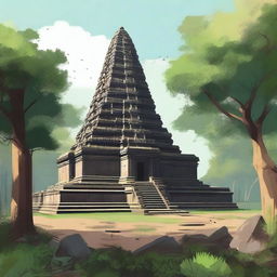 A detailed illustration of the ancient temple complex of Koh Ker in Cambodia, showcasing its majestic pyramidal structure surrounded by lush greenery and historical ruins