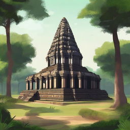 A detailed illustration of the ancient temple complex of Koh Ker in Cambodia, showcasing its majestic pyramidal structure surrounded by lush greenery and historical ruins