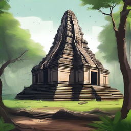 A detailed illustration of the ancient temple complex of Koh Ker in Cambodia, showcasing its majestic pyramidal structure surrounded by lush greenery and historical ruins