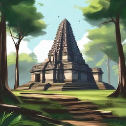 A detailed illustration of the ancient temple complex of Koh Ker in Cambodia, showcasing its majestic pyramidal structure surrounded by lush greenery and historical ruins