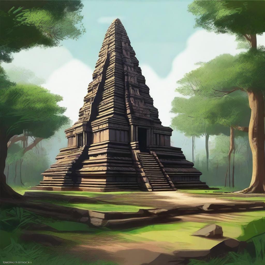 A detailed illustration of the ancient temple complex of Koh Ker in Cambodia, showcasing its majestic pyramidal structure surrounded by lush greenery and historical ruins