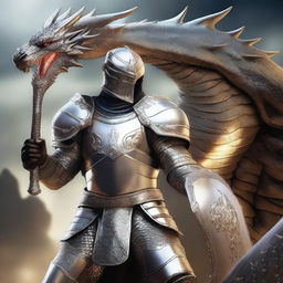 A realistic depiction of a human man wearing gleaming silver armor, but not a knight