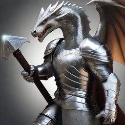 A realistic depiction of a human man wearing gleaming silver armor, but not a knight