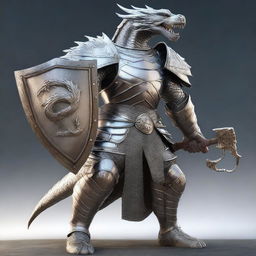 A realistic depiction of a human man wearing gleaming silver armor, but not a knight