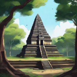 A detailed illustration of the seven-floor ancient temple complex of Koh Ker in Cambodia, showcasing its majestic pyramidal structure surrounded by lush greenery and historical ruins