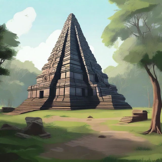 A detailed illustration of the seven-floor ancient temple complex of Koh Ker in Cambodia, showcasing its majestic pyramidal structure surrounded by lush greenery and historical ruins