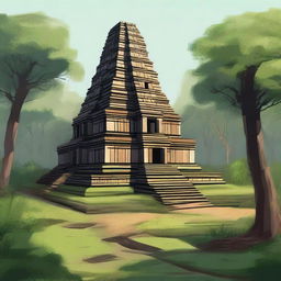 A detailed illustration of the seven-floor ancient temple complex of Koh Ker in Cambodia, showcasing its majestic pyramidal structure surrounded by lush greenery and historical ruins