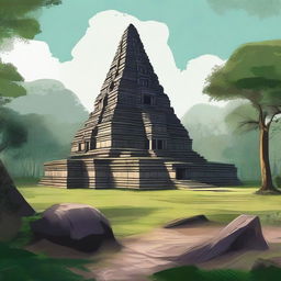 A detailed illustration of the seven-floor ancient temple complex of Koh Ker in Cambodia, showcasing its majestic pyramidal structure surrounded by lush greenery and historical ruins