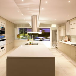 Futuristic, modern kitchen with state-of-the-art appliances, an island countertop, soft white lighting, and sleek cabinets.