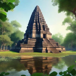 A hyper-realistic depiction of the ancient temple complex of Koh Ker in Cambodia, showcasing its majestic pyramidal structure surrounded by lush greenery and historical ruins