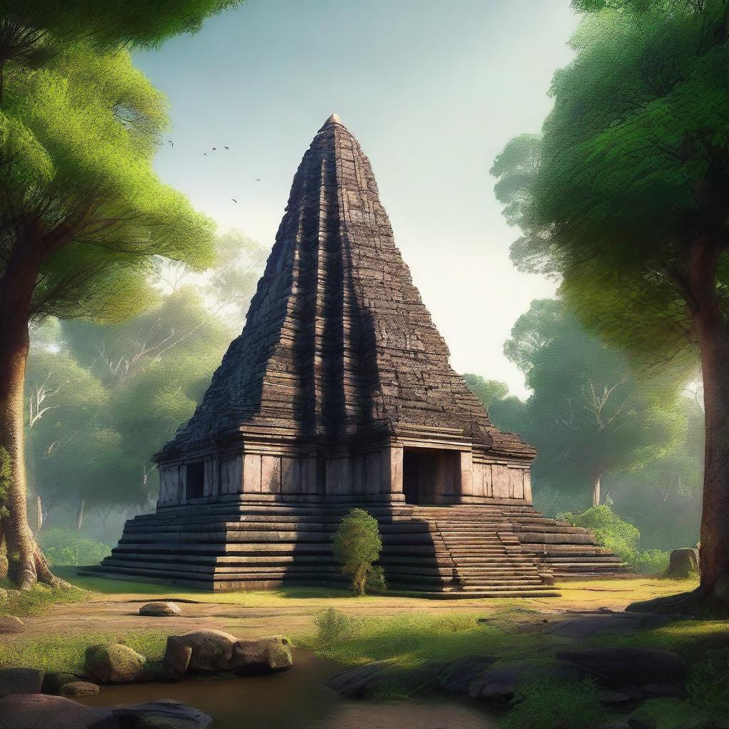 A hyper-realistic depiction of the ancient temple complex of Koh Ker in Cambodia, showcasing its majestic pyramidal structure surrounded by lush greenery and historical ruins