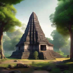 A hyper-realistic depiction of the ancient temple complex of Koh Ker in Cambodia, showcasing its majestic pyramidal structure surrounded by lush greenery and historical ruins