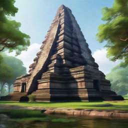 A hyper-realistic depiction of the ancient temple complex of Koh Ker in Cambodia, showcasing its majestic pyramidal structure surrounded by lush greenery and historical ruins