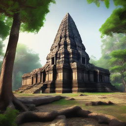 A hyper-realistic depiction of the ancient temple complex of Koh Ker in Cambodia, showcasing its majestic pyramidal structure surrounded by lush greenery and historical ruins