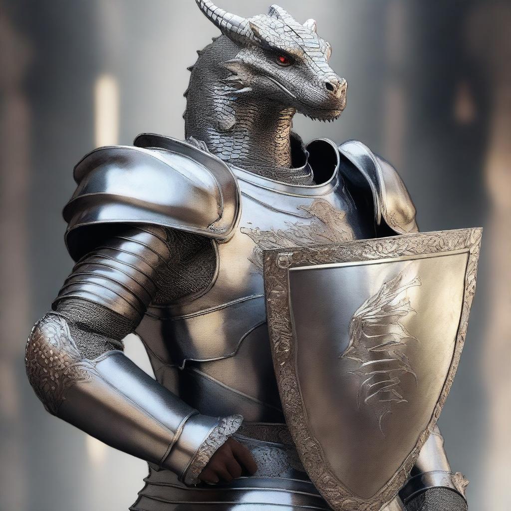 A realistic depiction of a human man wearing silver armor in medieval times