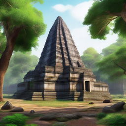 A hyper-realistic depiction of the ancient temple complex of Koh Ker in Cambodia, showcasing its majestic pyramidal structure surrounded by lush greenery and historical ruins