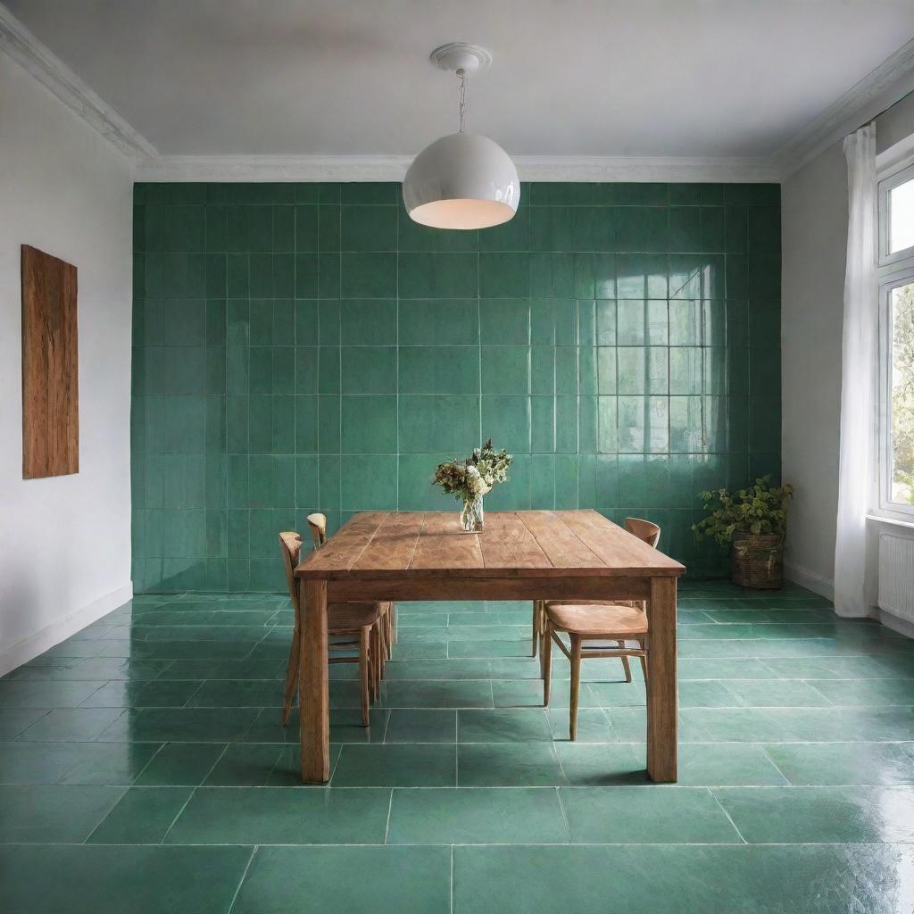 A tastefully designed room featuring glossed green ceramic tiles, complemented with a large wooden table occupying the central space