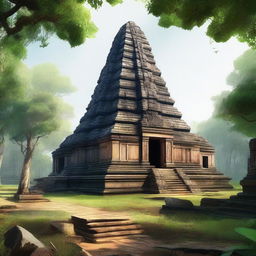 A hyper-realistic depiction of the ancient temple complex of Koh Ker in Cambodia, showcasing its majestic pyramidal structure surrounded by lush greenery and historical ruins