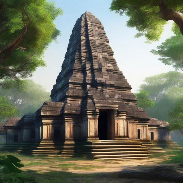 A hyper-realistic depiction of the ancient temple complex of Koh Ker in Cambodia, showcasing its majestic pyramidal structure surrounded by lush greenery and historical ruins