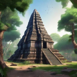 A hyper-realistic depiction of the ancient temple complex of Koh Ker in Cambodia, showcasing its majestic pyramidal structure surrounded by lush greenery and historical ruins