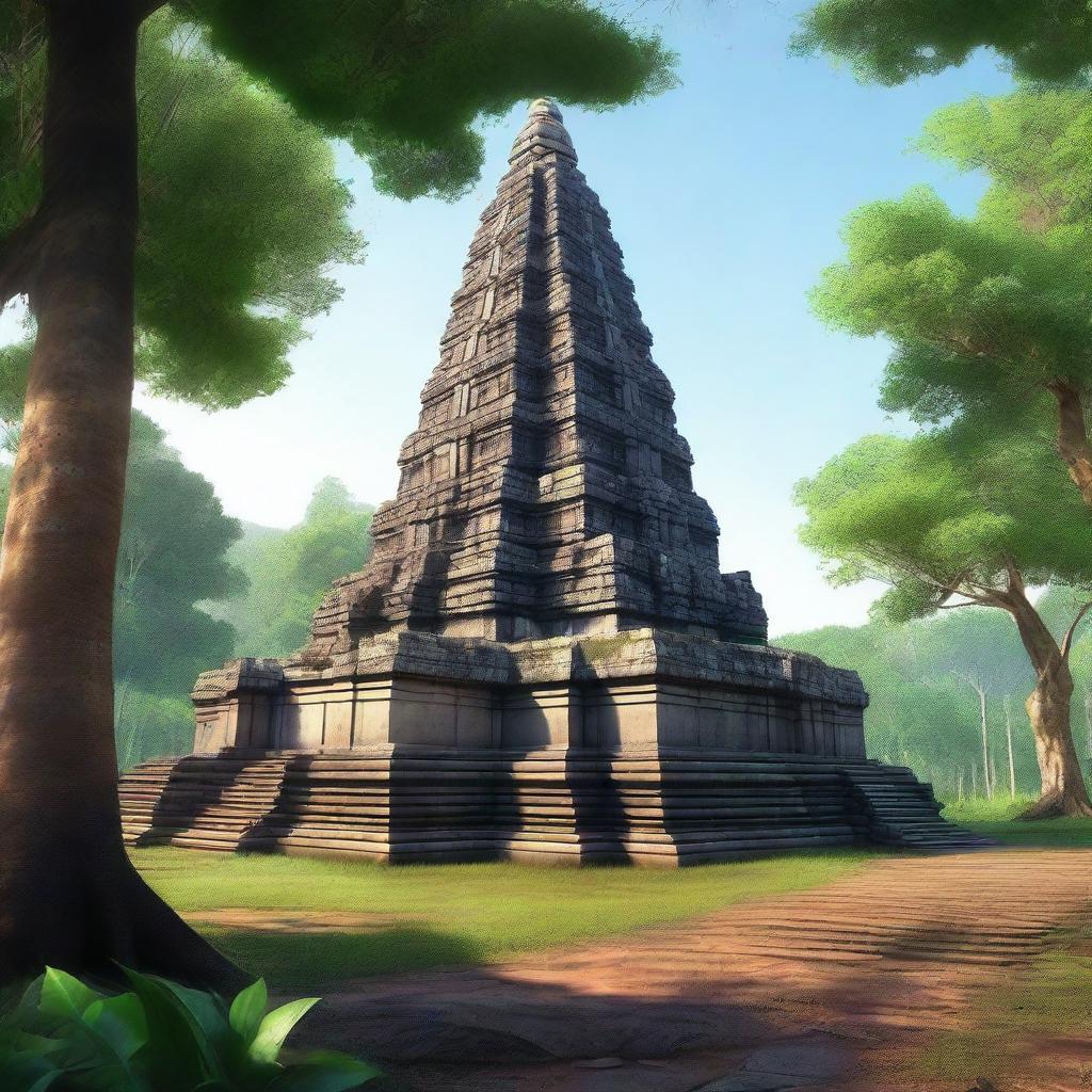 A hyper-realistic depiction of the ancient temple complex of Koh Ker in Cambodia, showcasing its majestic pyramidal structure surrounded by lush greenery and historical ruins