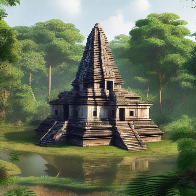 A hyper-realistic depiction of the ancient temple complex of Koh Ker in Cambodia, showcasing its majestic pyramidal structure surrounded by lush greenery and historical ruins