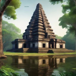 A hyper-realistic depiction of the ancient temple complex of Koh Ker in Cambodia, showcasing its majestic pyramidal structure surrounded by lush greenery and historical ruins