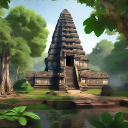 A hyper-realistic depiction of the ancient temple complex of Koh Ker in Cambodia, showcasing its majestic pyramidal structure surrounded by lush greenery and historical ruins