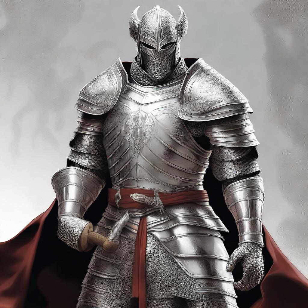 An illustration of a man wearing shiny silver armor without a helmet