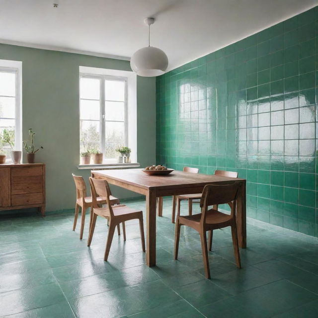 A tastefully designed room featuring glossed green ceramic tiles, complemented with a large wooden table occupying the central space