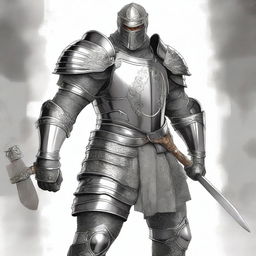 An illustration of a man wearing shiny silver armor without a helmet