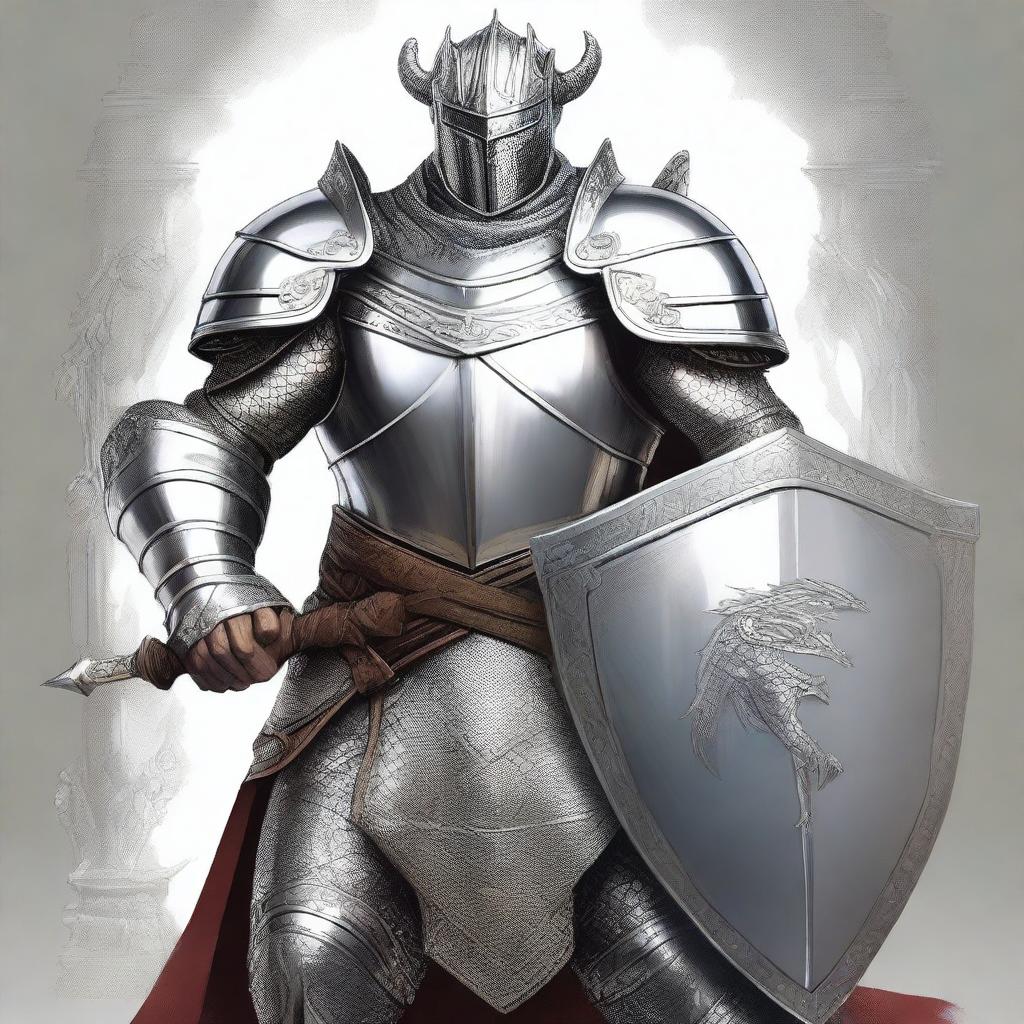 An illustration of a man wearing shiny silver armor without a helmet