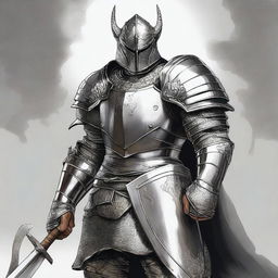 An illustration of a man wearing shiny silver armor without a helmet