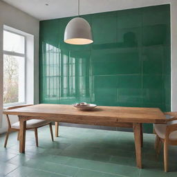 A tastefully designed room featuring glossed green ceramic tiles, complemented with a large wooden table occupying the central space