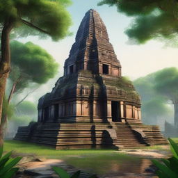 A hyper-realistic depiction of the ancient temple complex of Koh Ker in Cambodia, showcasing its majestic pyramidal structure surrounded by lush greenery and historical ruins