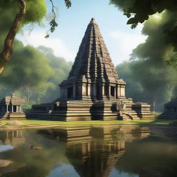 A hyper-realistic depiction of the ancient temple complex of Koh Ker in Cambodia, showcasing its majestic pyramidal structure surrounded by lush greenery and historical ruins