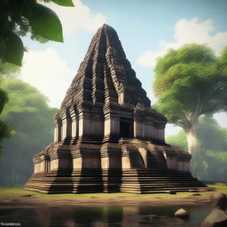 A hyper-realistic depiction of the ancient temple complex of Koh Ker in Cambodia, showcasing its majestic pyramidal structure surrounded by lush greenery and historical ruins