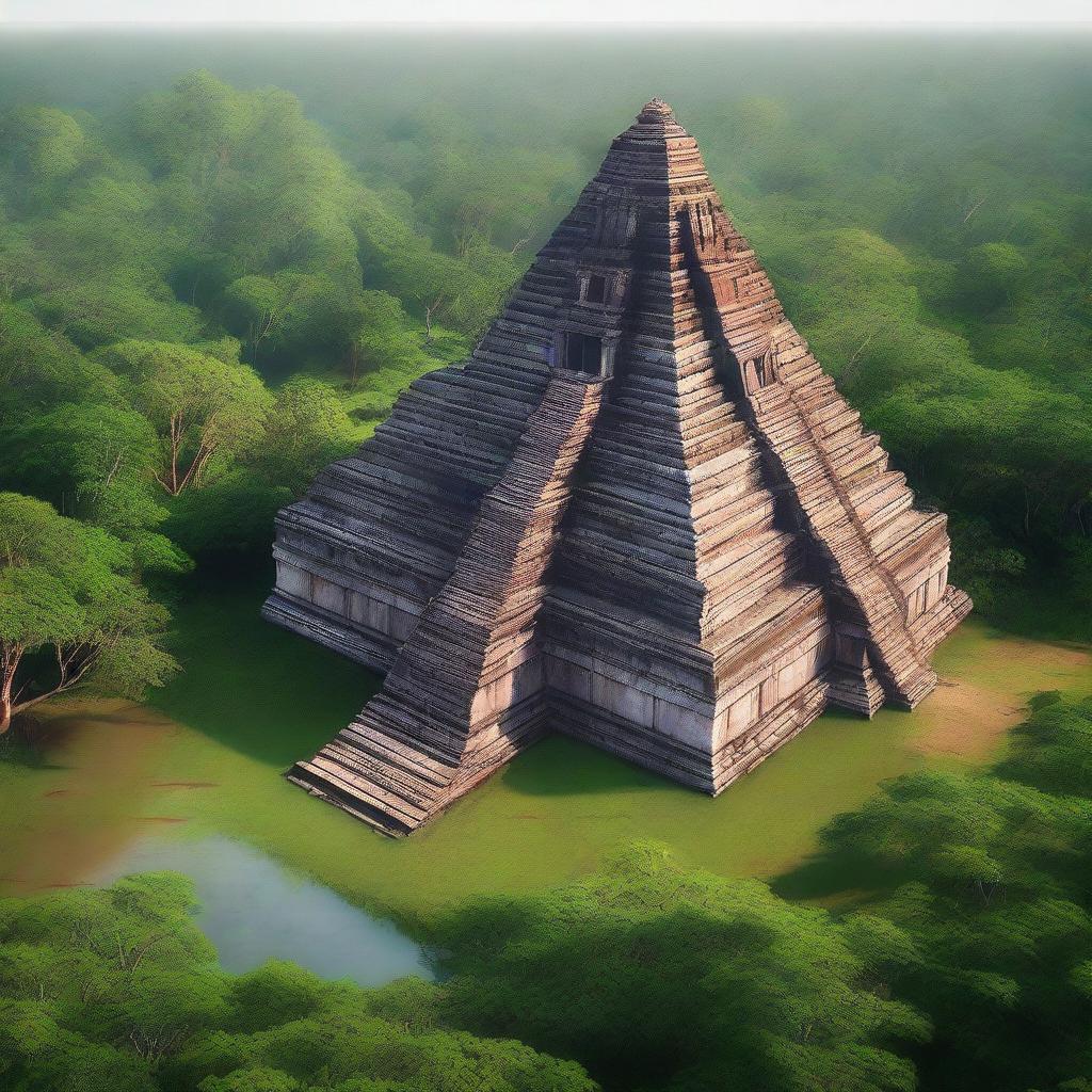 A hyper-realistic depiction of the ancient temple complex of Koh Ker in Cambodia, showcasing its majestic pyramidal structure surrounded by lush greenery and historical ruins