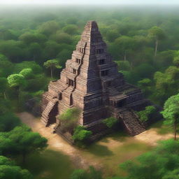 A hyper-realistic depiction of the ancient temple complex of Koh Ker in Cambodia, showcasing its majestic pyramidal structure surrounded by lush greenery and historical ruins