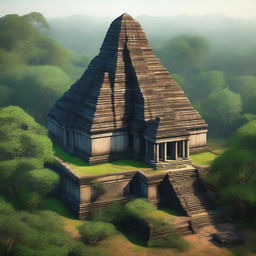 A hyper-realistic depiction of the ancient temple complex of Koh Ker in Cambodia, showcasing its majestic pyramidal structure surrounded by lush greenery and historical ruins