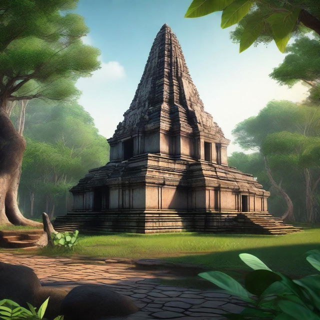 A hyper-realistic depiction of the ancient temple complex of Koh Ker in Cambodia, showcasing its majestic pyramidal structure surrounded by lush greenery and historical ruins